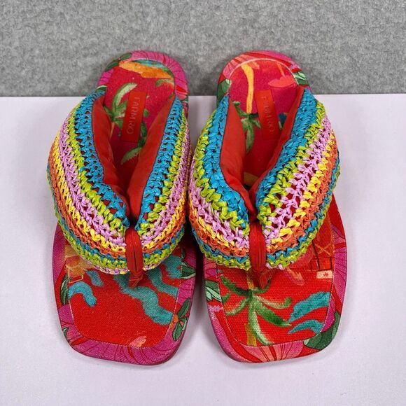 FARM RIO Flip Flops Womens Size 8 Toucans Crochet Puffy Colorful Rainbow Sandals - Picture 3 of 7